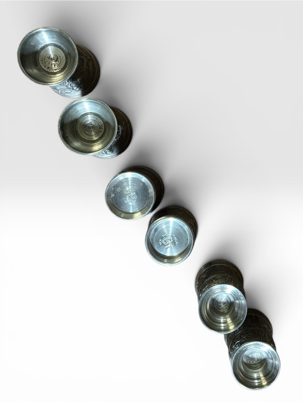 Vintage Pewter Shot Glasses Set of 6 Relief Scene Cups Zinn Wine Tasting Barware - Picture 8 of 13